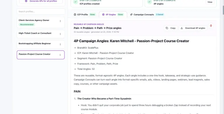 Pain, Problem, Path, Prize angles document with 32 reusable angles for the Passion-Project Course Creator, starting with the Pain angle 'The Creator Who Became a Part-Time Sysadmin' and its hook