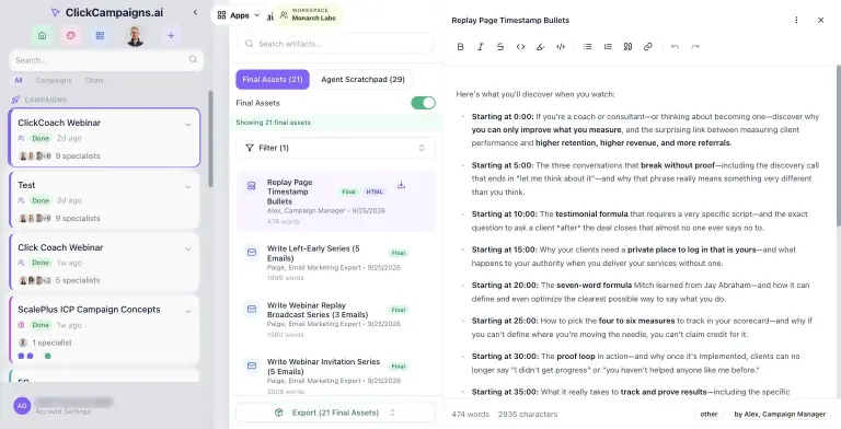 Campaign Artifacts drawer listing 21 final assets such as email series and replay page bullets with Final and HTML badges, next to a rich-text editor showing timestamped webinar replay bullets