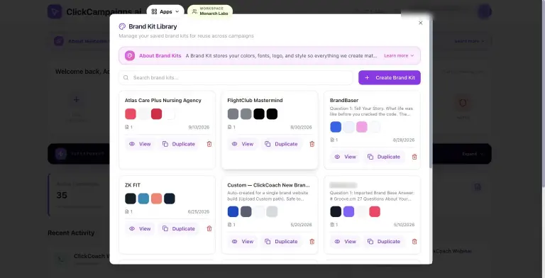 Brand Kit Library modal with kits for Atlas Care Plus Nursing Agency, FlightClub Mastermind, BrandBaser, ZK FIT and ClickCoach, each with color swatches and View and Duplicate actions