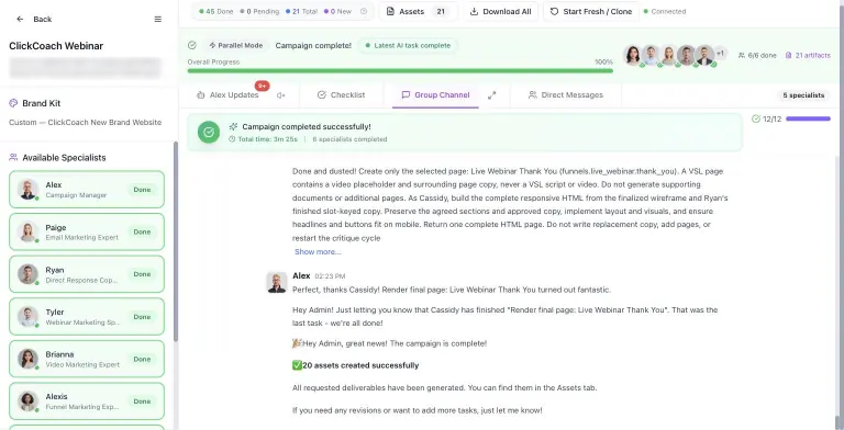 Collaboration workspace with specialist roster marked Done, a 100% progress bar with specialist avatars, and the Group Channel where Alex, the Campaign Manager, announces the campaign is complete with 20 assets created