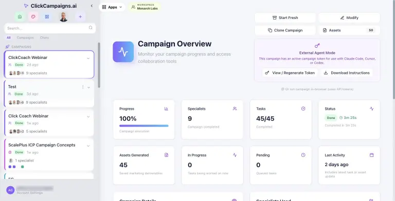 Campaign Overview for the ClickCoach Webinar showing 100% progress, 9 specialists, 45 of 45 tasks complete, done in 3 minutes 25 seconds, and 45 assets generated