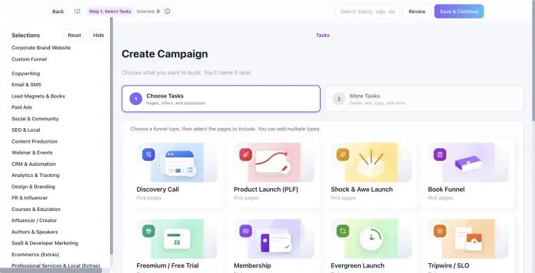 Create Campaign wizard showing a category sidebar (Copywriting, Email & SMS, Paid Ads, SEO, Webinar and more) and an illustrated grid of funnel types including Discovery Call, Product Launch, Shock & Awe Launch, Book Funnel, Freemium, Membership, Evergreen Launch and Tripwire