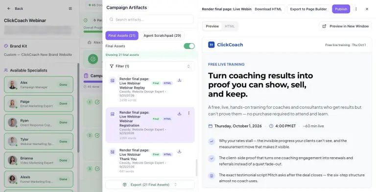 Asset preview of a generated ClickCoach webinar registration page with headline 'Turn coaching results into proof you can show, sell, and keep', date and time, and bullet benefits, next to the artifact list with Download HTML, Export to Page Builder and Publish actions