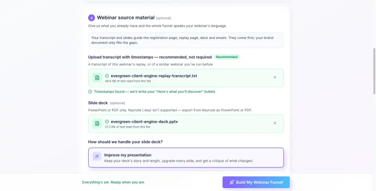 Webinar source material step with an uploaded replay transcript and a green Timestamps found confirmation, an uploaded .pptx slide deck, and the Improve my presentation option selected