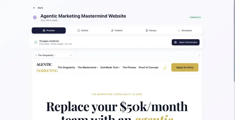 Brand website workspace for Agentic Marketing Mastermind Website marked Complete, showing 15 pages rendered, Preview/Mobile/Publish/Recipe/Developer tabs, a page picker and the live site header