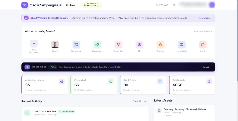 ClickCampaigns welcome dashboard with quick-launch icons for New Campaign, Agents, Workspace, Campaigns, Brand Kits and ICPs, and stat tiles showing 35 active campaigns, 56 completed, 30 quick chats and 4,056 generated assets
