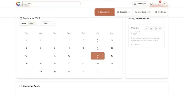 Community calendar month view for September 2026 with weekly event dots on Fridays and a side panel showing the September 18 weekly session at 1:00 PM EDT with 2 going