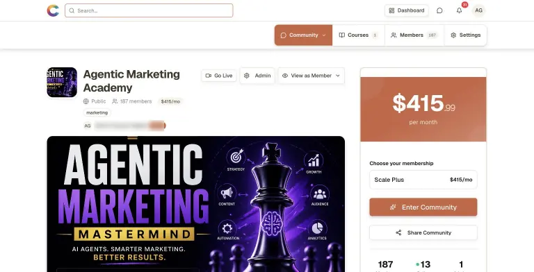 Agentic Marketing Academy community landing page with large Agentic Marketing Mastermind banner, 187 members, and a membership card priced at $415.99 per month with an Enter Community button