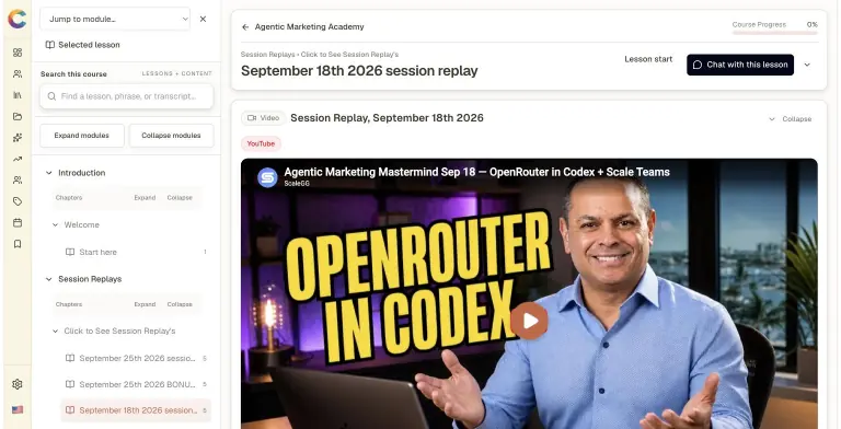 Courses.gg course player with searchable module outline on the left and a September 18th 2026 session replay lesson showing an embedded YouTube video thumbnail, course progress bar, and Chat with this lesson button