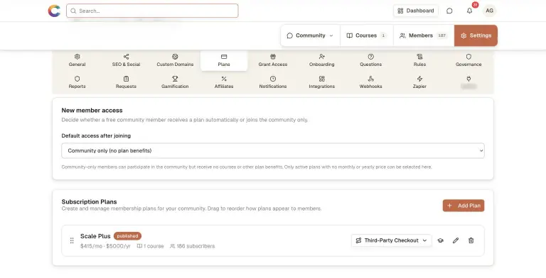 Community Settings Plans tab with 16 settings sections, new member access selector, and a published Scale.gg plan at $415/mo or $5000/yr with 1 course and 186 subscribers