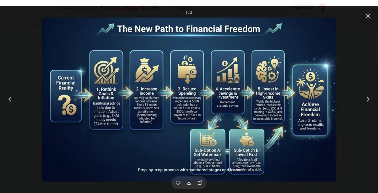 Full-screen process map titled The New Path to Financial Freedom showing numbered steps from Current Financial Reality to Achieve Financial Freedom with two sub-options