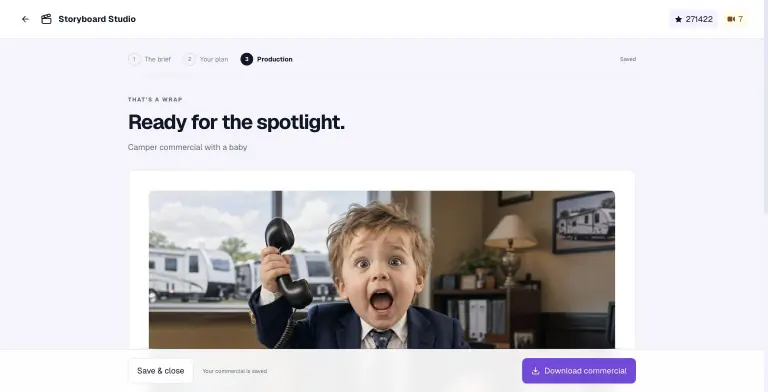 Storyboard Studio production screen titled Ready for the spotlight for a camper commercial, showing a frame of a shouting toddler in a suit on the phone with campers outside, plus a Download commercial button