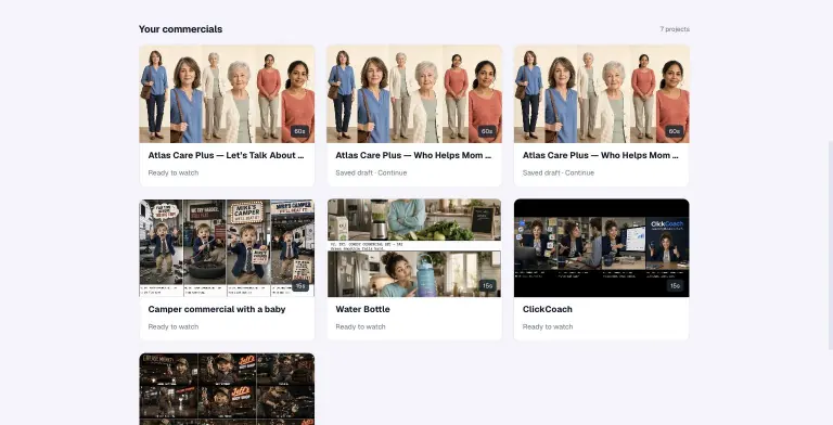 Storyboard Studio list of seven commercials with storyboard thumbnails, durations of 15 and 60 seconds, and Ready to watch or Saved draft status