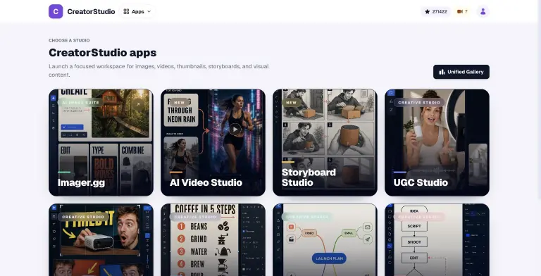 CreatorStudio home screen with illustrated poster cards for Imager.gg, AI Video Studio, Storyboard Studio, UGC Studio, Thumbnail, Infographic, Mind Map and Process Map studios, plus a Unified Gallery button and credits balance
