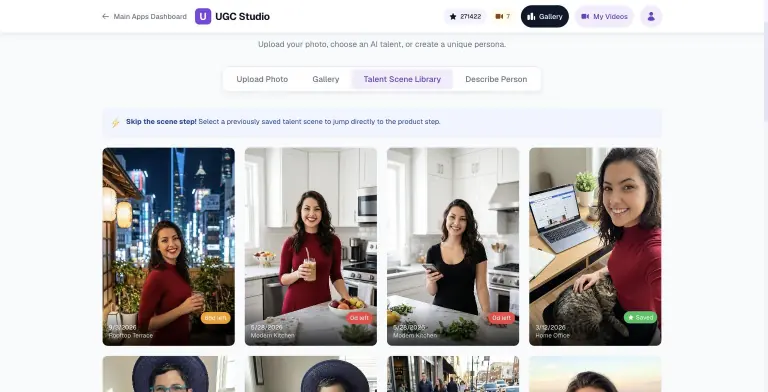 Talent Scene Library with saved photos of a spokesperson in scenes such as Rooftop Terrace, Modern Kitchen and Home Office, with expiry and Saved badges