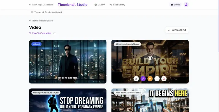Thumbnail collection showing the original video frame beside AI variants labeled 3D text popping out of image, Glowing outline around subject and Arrow pointing to hidden detail, with download, edit, optimize, favorite and delete actions on hover
