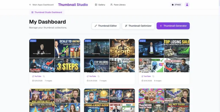 Thumbnail Studio dashboard with collection cards each showing a 2x2 grid of generated YouTube thumbnails, plus Thumbnail Editor, Thumbnail Optimizer and Thumbnail Generator buttons