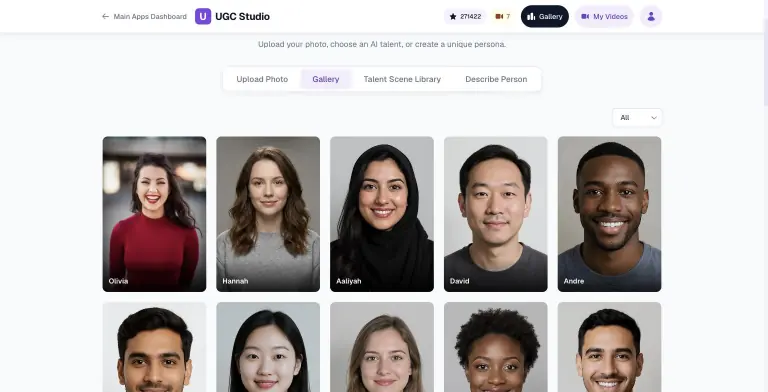 UGC Studio step 1 Avatar with a Gallery of stock spokesperson portraits named Olivia, Hannah, Aaliyah, David and Andre, plus Upload Photo, Talent Scene Library and Describe Person tabs