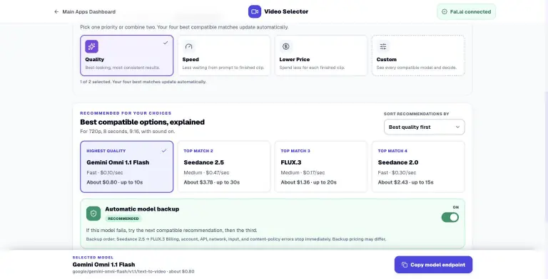 Video Selector with Quality priority selected and four recommended models (Gemini Omni 1.1 Flash, Seedance 2.5, FLUX.3, Seedance 2.0) showing price per second and estimated cost, plus Automatic model backup toggled on