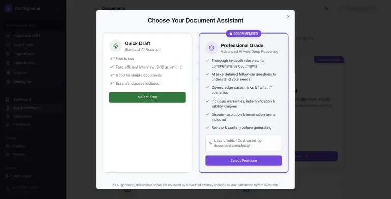 Choose Your Document Assistant modal comparing Quick Draft (free, 8-12 question interview) with Professional Grade (recommended, in-depth interview covering edge cases, warranties, dispute resolution, credit-based)
