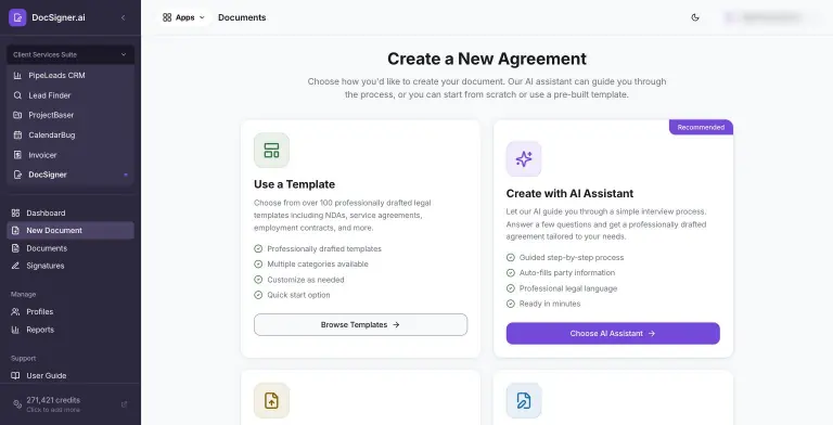 Create a New Agreement screen with option cards for Use a Template and Create with AI Assistant (marked Recommended), each listing benefits, with Upload and scratch options below