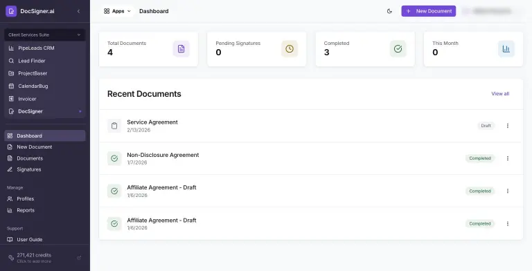 DocSigner dashboard with four stat cards (Total Documents 4, Pending Signatures 0, Completed 3, This Month 0) above a Recent Documents list showing a Service Agreement draft and three completed agreements