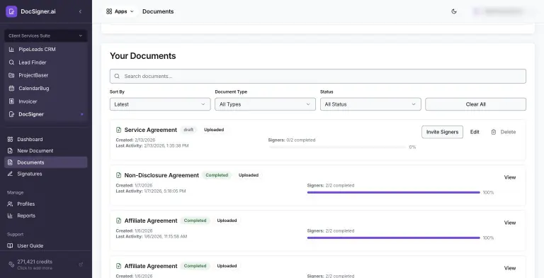 Your Documents list with search, sort, type and status filters, showing a Service Agreement draft at 0 of 2 signers and three completed agreements each at 2 of 2 signers with full progress bars