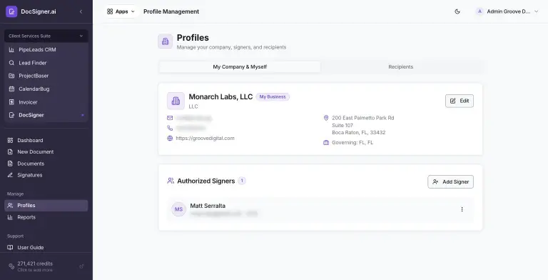 Profiles page on the My Company & Myself tab showing the Monarch Labs, LLC business profile with address and governing state, and an Authorized Signers list