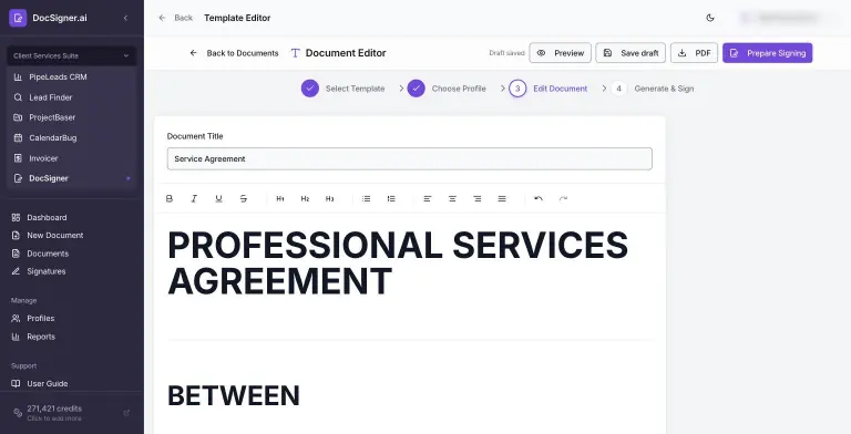 Document Editor with a four-step progress bar (Select Template, Choose Profile, Edit Document, Generate & Sign), title field, formatting toolbar and a Professional Services Agreement in the editor, plus Preview, Save draft, PDF and Prepare Signing buttons