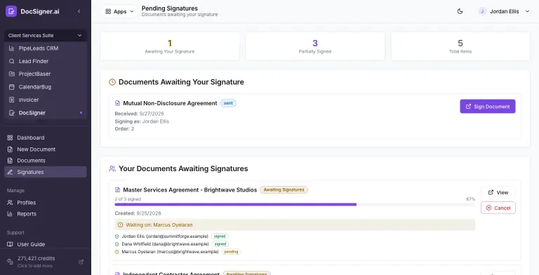 DocSigner Pending Signatures page with counts for Awaiting Your Signature, Partially Signed and Total Items, a document ready for you to sign, and your sent agreements showing per-signer progress (2 of 3 signed), a 'Waiting on' callout naming the signer holding it up, and View and Cancel buttons