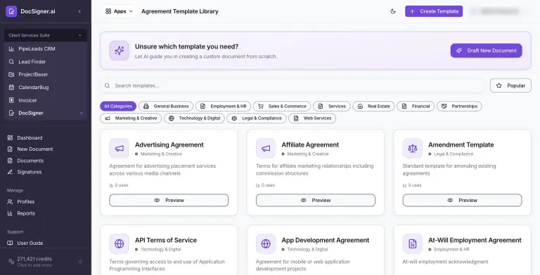 Agreement Template Library with an AI 'Draft New Document' banner, search bar, category filter chips (General Business, Employment & HR, Sales & Commerce, Real Estate, Financial and more) and template cards for Advertising, Affiliate and Amendment agreements