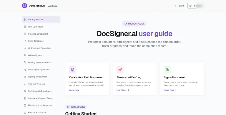 DocSigner.ai user guide with a topic sidebar (Getting Started, Using Templates, AI Document Generation, Placing Signature Fields, Certificates & Downloads and more) and three quick-start cards