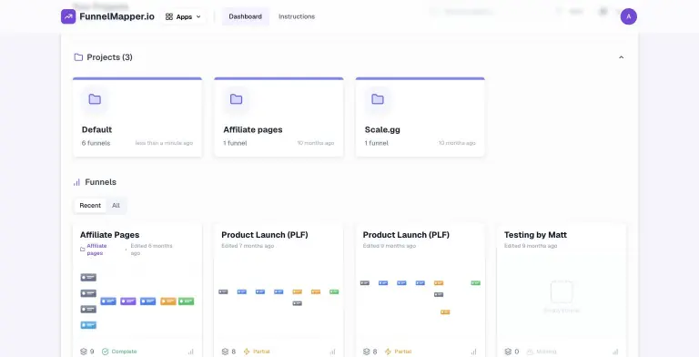 FunnelMapper dashboard with project folders (Default, Affiliate pages, Scale.gg) and funnel cards showing mini map previews, node counts and Complete/Partial/Missing health badges.
