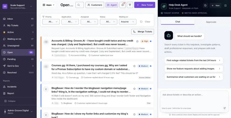 Help Desk Agent side panel open beside the Open Tickets list, labeled Tenant scoped and Writes need approval, with suggested prompts like 'Find outage-related tickets from the last 24 hours'