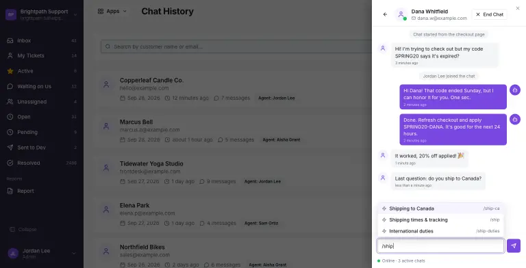HDHelpDesk Live Chat panel slid open over the Chat History page, showing an active chat with a customer who started from the checkout page: the agent honors an expired discount code, the customer confirms 20% off applied and asks about shipping to Canada, and the agent types /ship to pull up premade answers like 'Shipping to Canada'