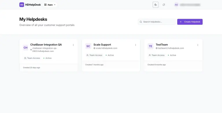 My Helpdesks page with three helpdesk cards (ChatBaser Integration QA, Scale Support, TestTeam), each showing its subdomain, Team Access and Active status
