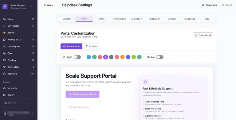 Helpdesk Settings Portal tab with Appearance controls (light/dark toggle, ten brand color swatches, custom color toggle) above a live preview of the Scale Support Portal