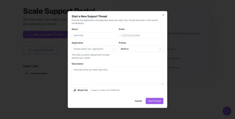 Start a New Support Thread modal on the customer portal with name, email, application, priority, description and attach file fields