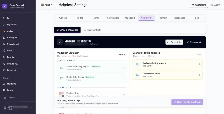 ChatBaser settings showing ChatBaser connected, an 'Available in ChatBaser' column with Help Centers and chatbots, and a 'Connected to this helpdesk' column with two Help Centers