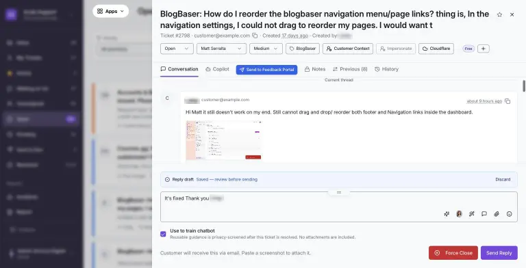 Open ticket #2798 about BlogBaser navigation, with status, assignee, priority, tag, Customer Context, Cloudflare and plan pills, Conversation/Copilot/Notes/Previous/History tabs, the customer message with a screenshot attachment, and the reply box