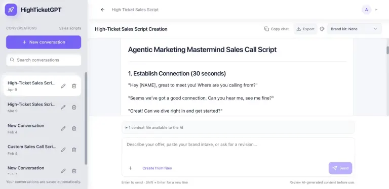 HighTicketGPT Sales Script conversation showing the heading 'Agentic Marketing Mastermind Sales Call Script' and section '1. Establish Connection (30 seconds)' with word-for-word opening lines