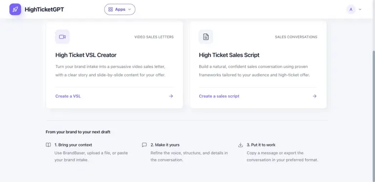 Dashboard lower section showing both tool cards and the 'From your brand to your next draft' strip: 1. Bring your context, 2. Make it yours, 3. Put it to work