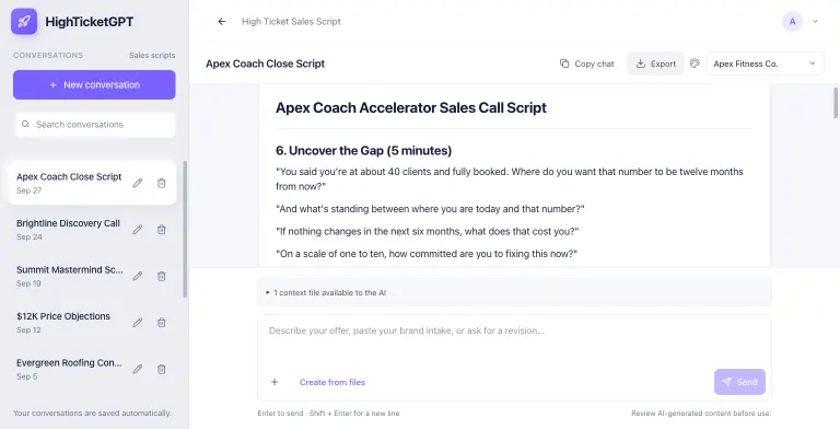 HighTicketGPT Sales Script workspace with the left Conversations panel listing auto-titled scripts such as Apex Coach Close Script, Brightline Discovery Call, Summit Mastermind Script and $12K Price Objections with dates, rename and delete icons, a search box and New conversation button, and the selected script open on the right at section '6. Uncover the Gap (5 minutes)'