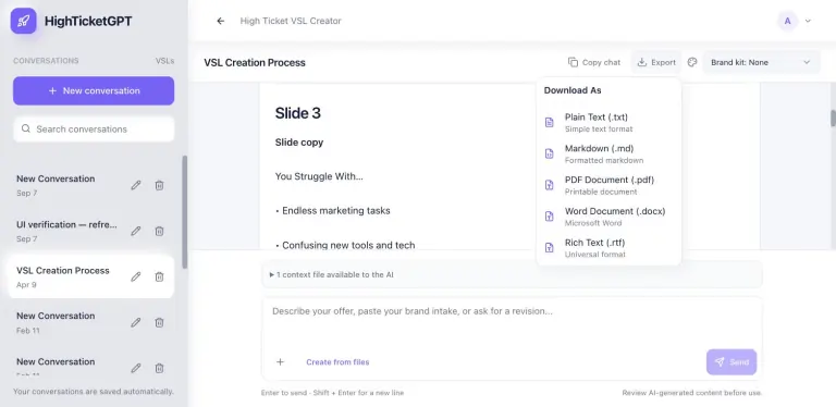 Export menu open over a VSL conversation, titled Download As, offering Plain Text, Markdown, PDF Document, Word Document and Rich Text