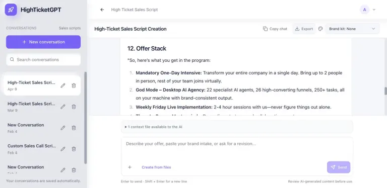 Sales script section '12. Offer Stack' rendered as a formatted numbered list with bold item names such as Mandatory One-Day Intensive, God Mode Desktop AI Agency and Weekly Friday Live Implementation