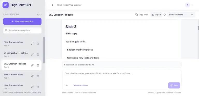 HighTicketGPT VSL Creator showing a generated video sales letter at Slide 3 with a 'Slide copy' section listing pain points, conversation history on the left and Copy chat, Export and Brand kit controls above
