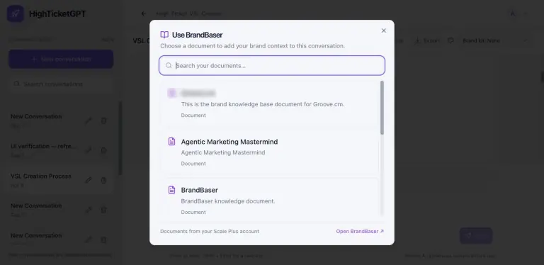 Use BrandBaser dialog in HighTicketGPT listing brand documents Agentic Marketing Mastermind and BrandBaser with a search field and an Open BrandBaser link