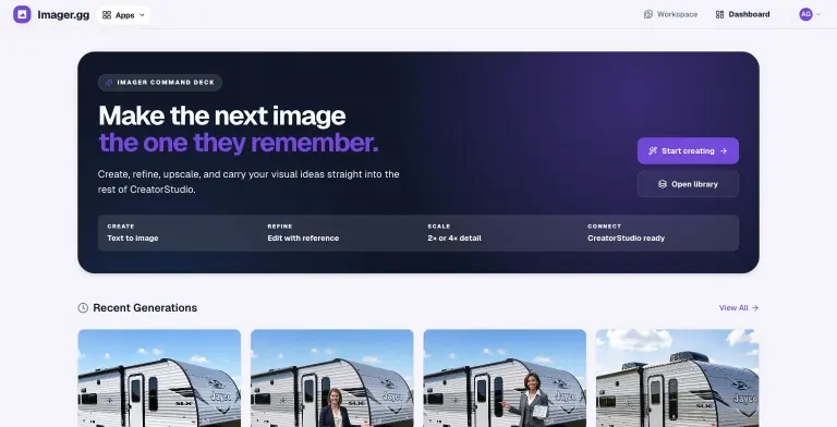 Imager.gg dashboard hero panel reading 'Make the next image the one they remember' with Start creating and Open library buttons and a Create, Refine, Scale, Connect strip
