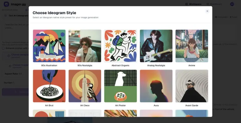 Choose Ideogram Style modal showing a grid of style presets including 80s Illustration, 90s Nostalgia, Abstract Organic, Analog Nostalgia, Anime, Art Brut, Art Deco, Art Poster, Aura and Avant Garde