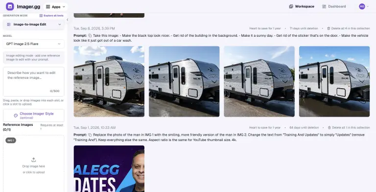 Image-to-Image Edit sidebar beside a gallery entry whose multi-step edit prompt produced four cleaned-up, sunny variations of a travel trailer